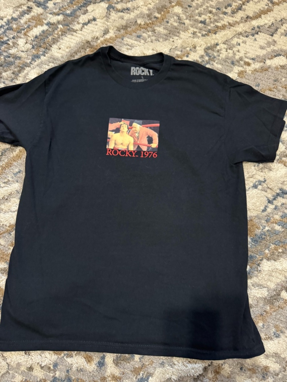 Rocky Black Tee with Red Vintage Chest Graphic